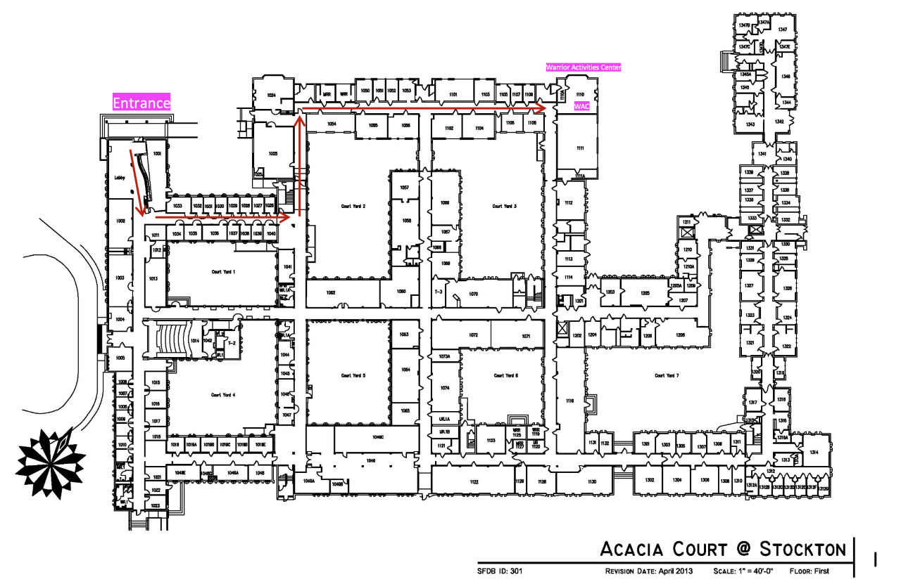 Map of Acacia Court at Stockton. Arrows point from entrance to Warrior Activities Center.